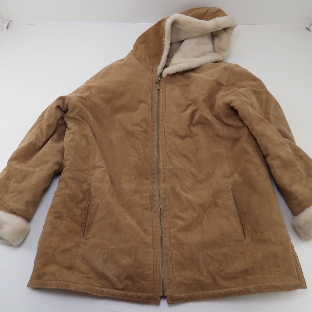St Johns Bay Washable Suede Leather Sherpa Lined Jacket Coat Womens XL Tan